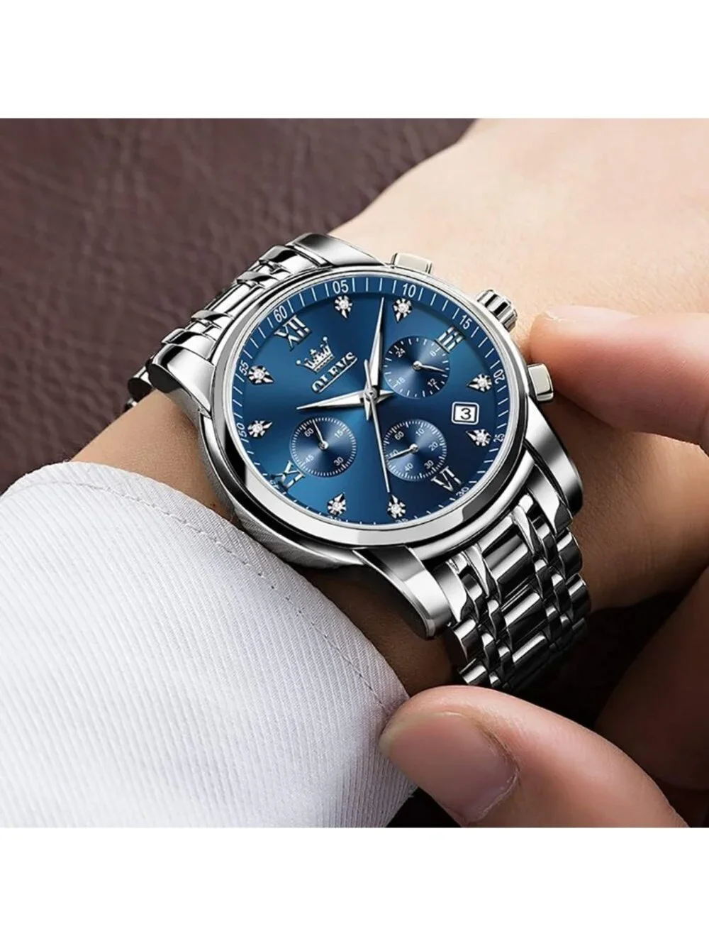 Olevs Men All Silver And Blue Multifunction Waterproof Luminor Chronograph Watch